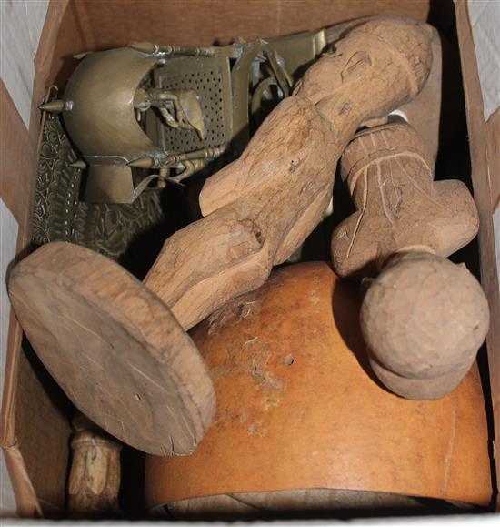 West African carved figures, various bronzes, fly whisk, bone carving, shoe lasts & wicker basket, etc(-)